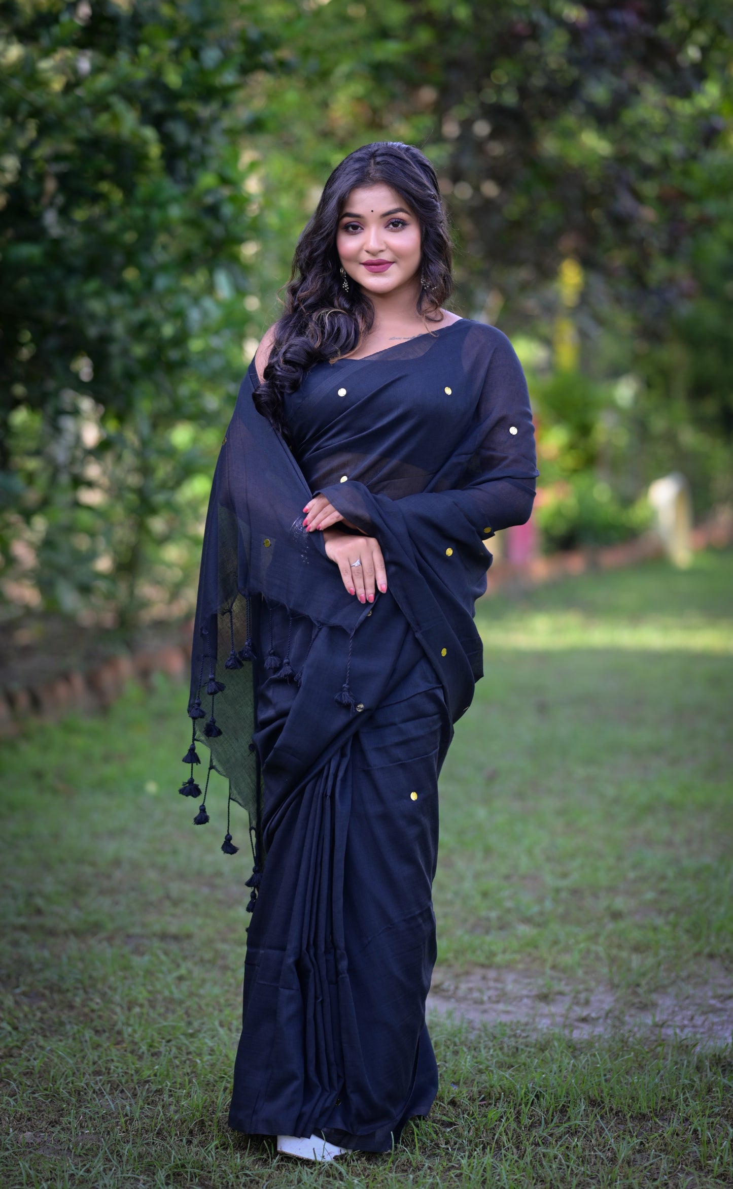 Elegant Black Khadi Cotton Saree with Golden Dots & Blouse Piece