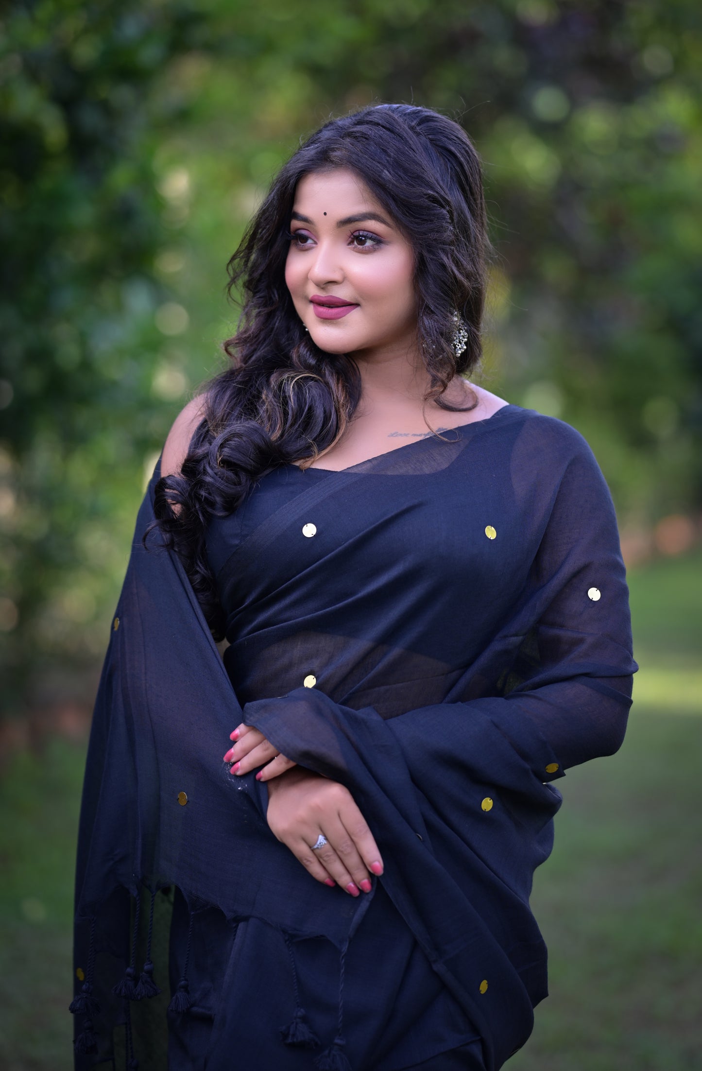 Elegant Black Khadi Cotton Saree with Golden Dots & Blouse Piece