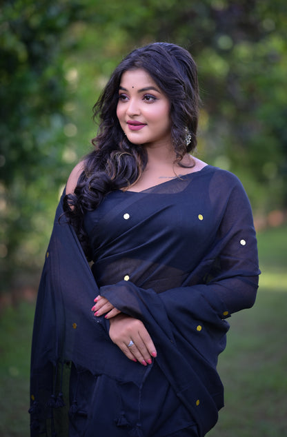Elegant Black Khadi Cotton Saree with Golden Dots & Blouse Piece