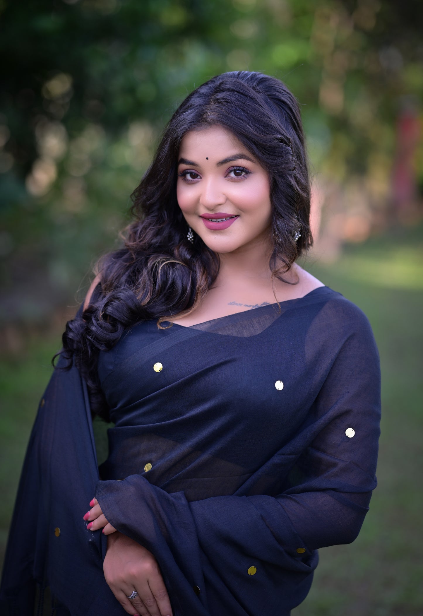 Elegant Black Khadi Cotton Saree with Golden Dots & Blouse Piece