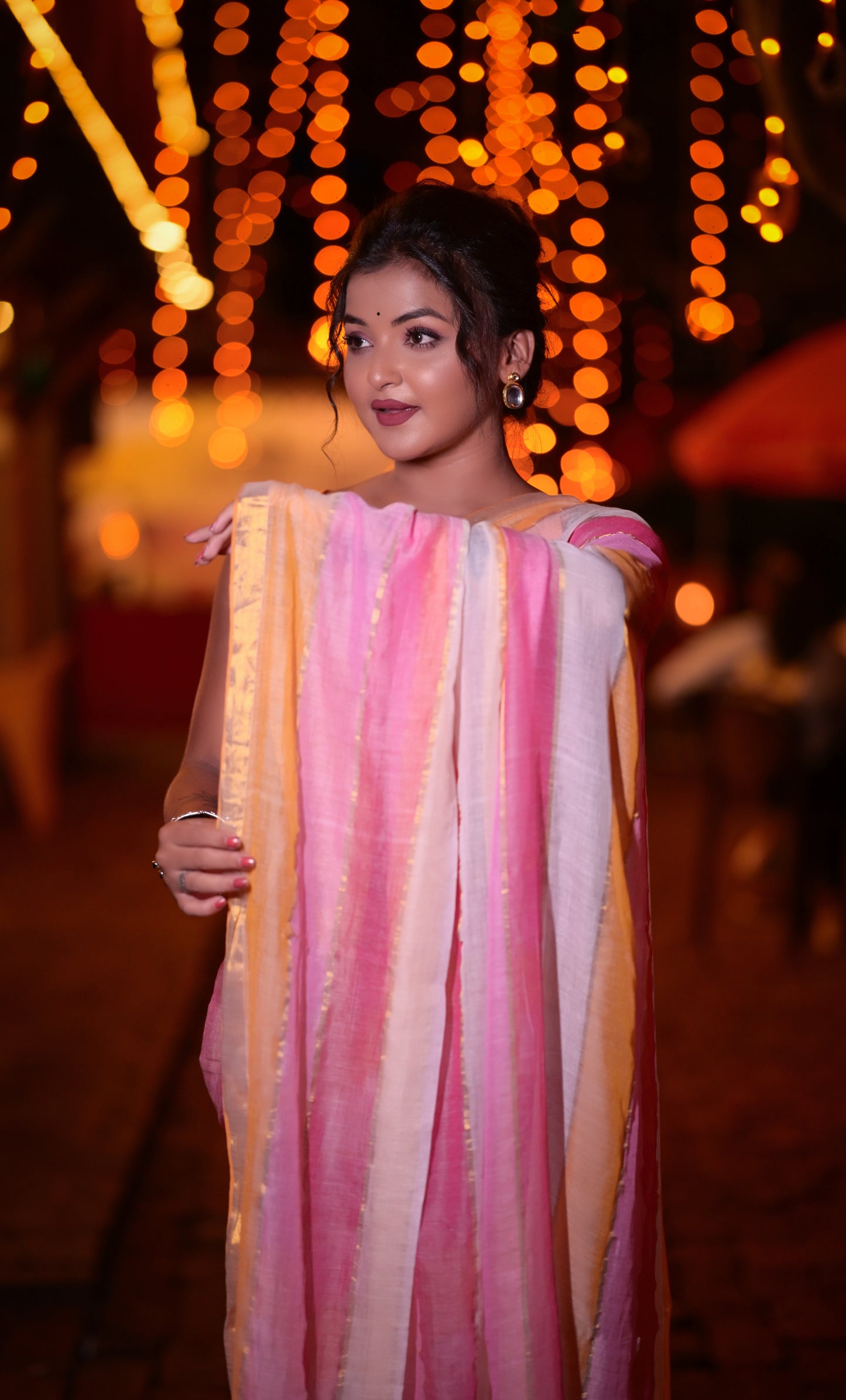 Handwoven Pink & Orange Striped Mull Cotton Saree with Golden Border – Lightweight Festive Wear