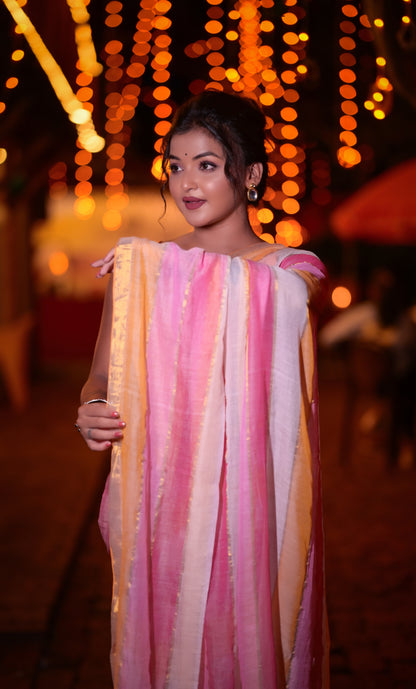 Handwoven Pink & Orange Striped Mull Cotton Saree with Golden Border – Lightweight Festive Wear