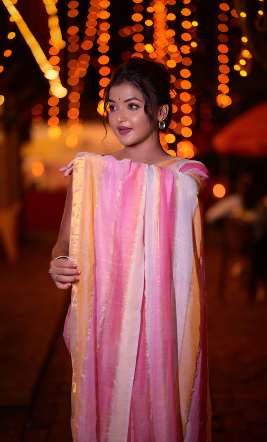 Handwoven Pink & Orange Striped Mull Cotton Saree with Golden Border – Lightweight Festive Wear