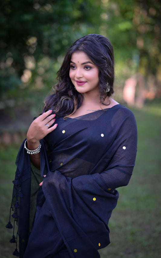 Elegant Black Khadi Cotton Saree with Golden Dots & Blouse Piece