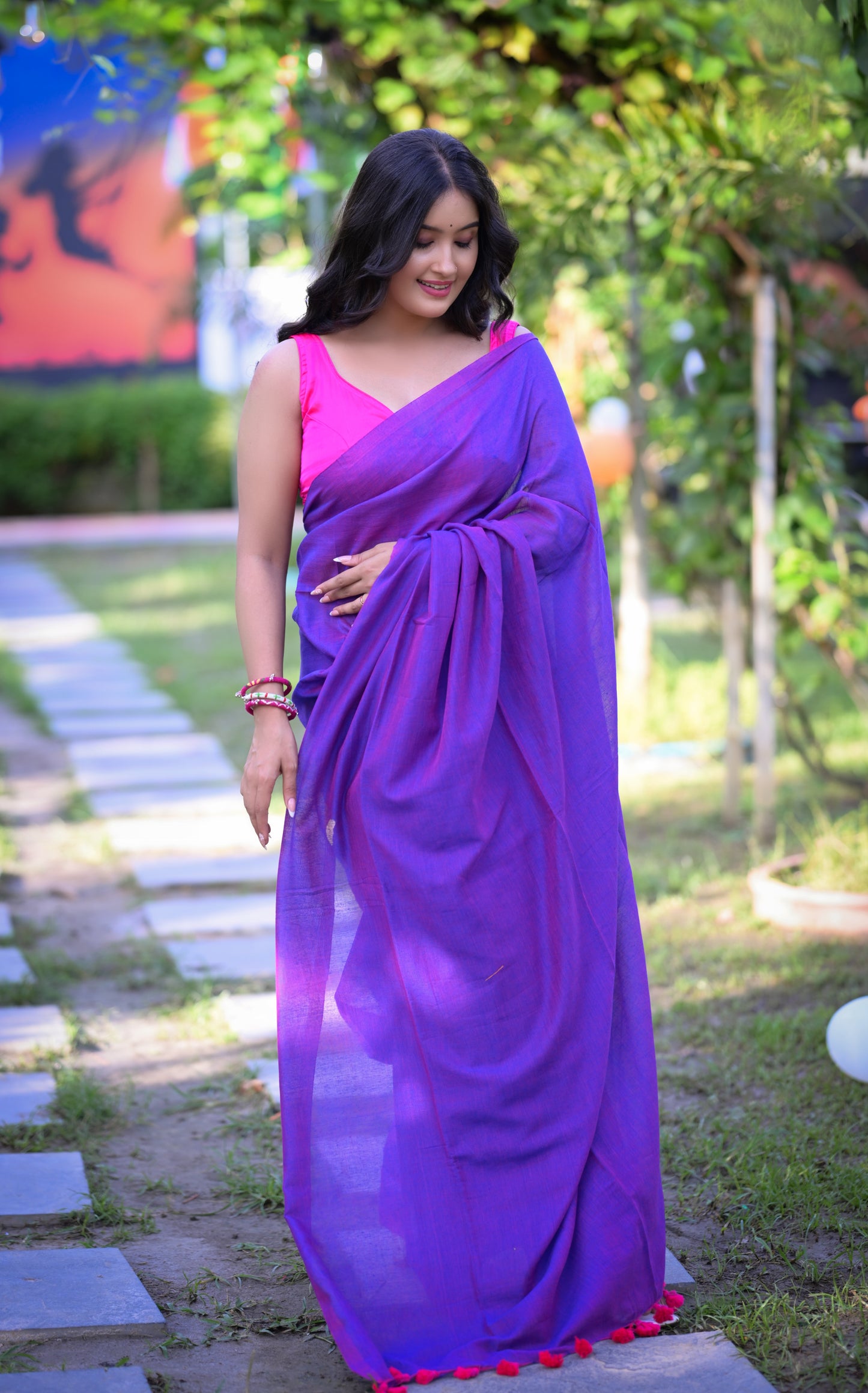 Elegant Purple Mull Cotton Saree – Lightweight & Comfortable (Blouse Not Included)