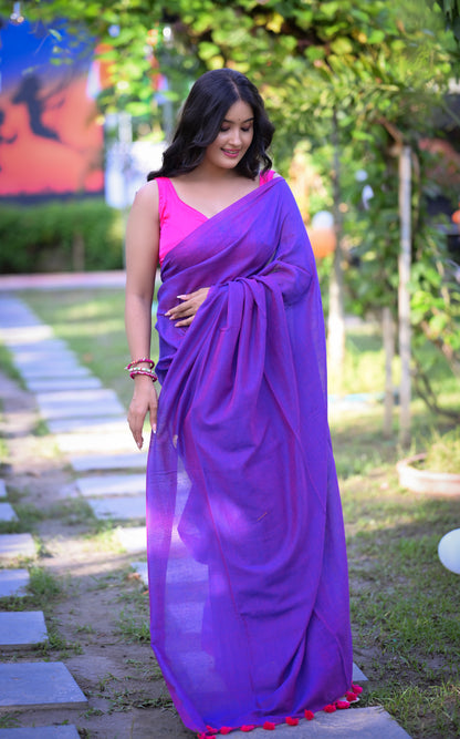 Elegant Purple Mull Cotton Saree – Lightweight & Comfortable (Blouse Not Included)