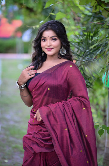 Handwoven Maroon Khadi Cotton Saree with Golden Dots & Blouse Piece