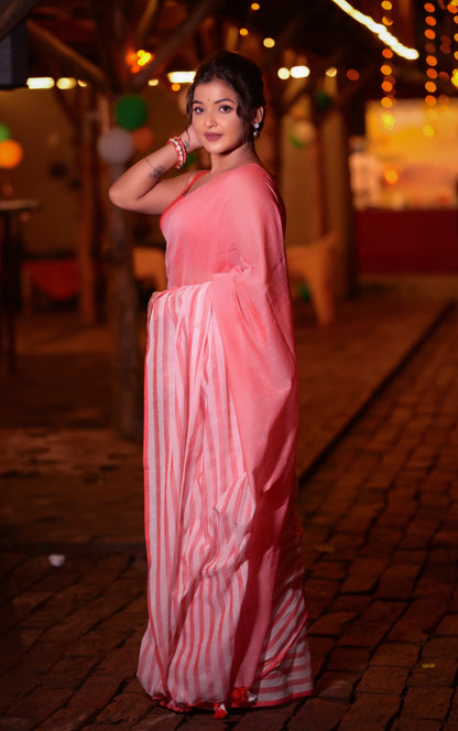 Elegant Pink Mull Cotton Saree – Lightweight & Soft