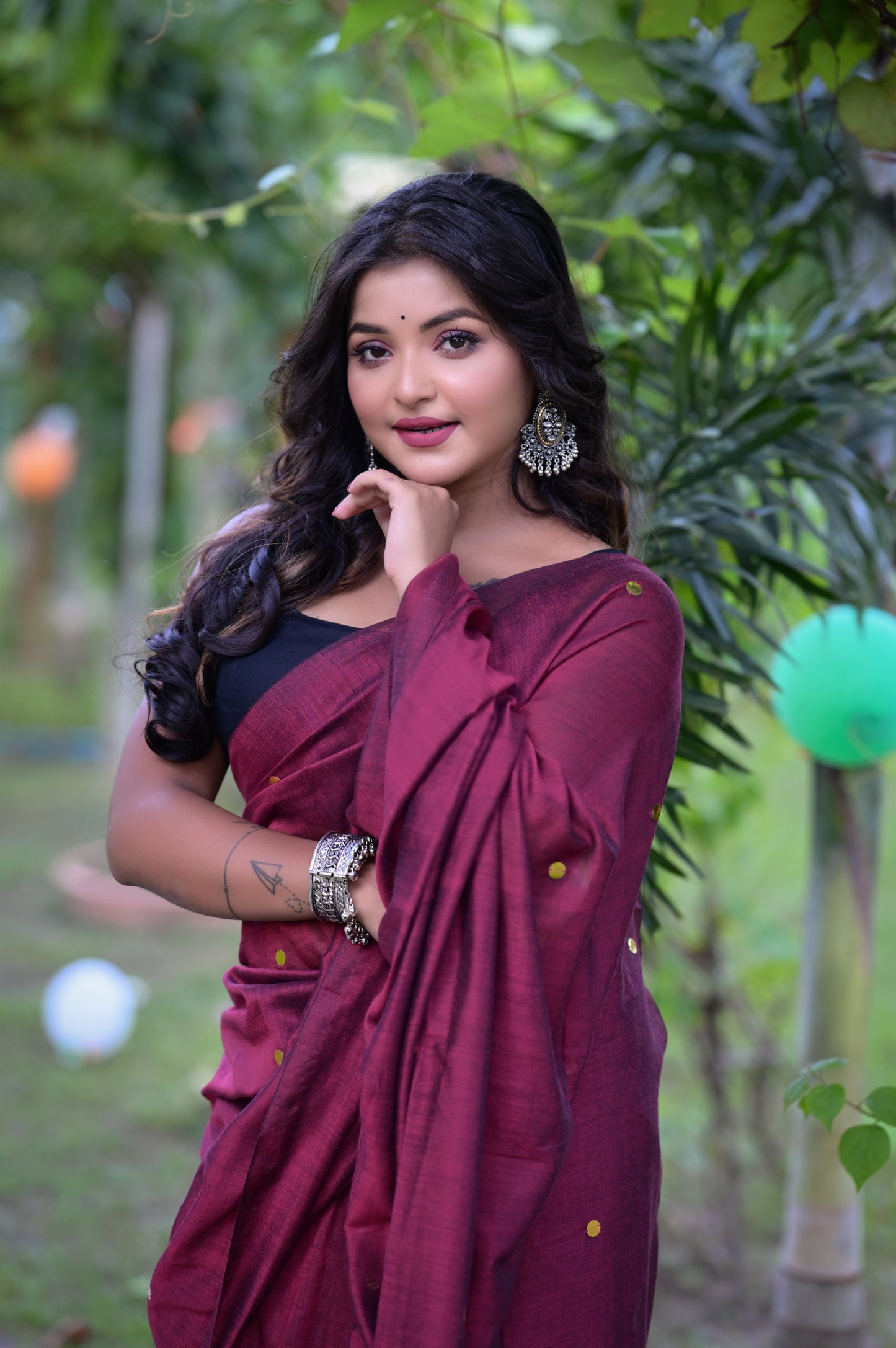 Handwoven Maroon Khadi Cotton Saree with Golden Dots & Blouse Piece