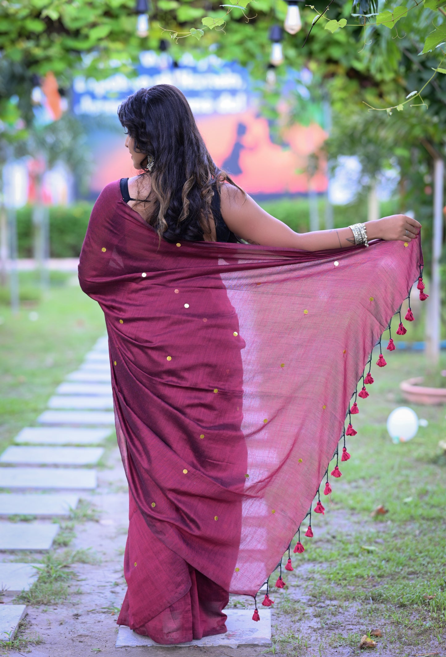 Handwoven Maroon Khadi Cotton Saree with Golden Dots & Blouse Piece