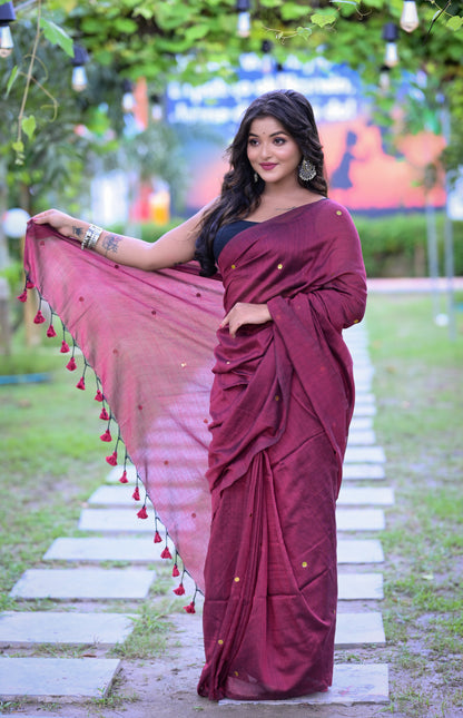 Handwoven Maroon Khadi Cotton Saree with Golden Dots & Blouse Piece