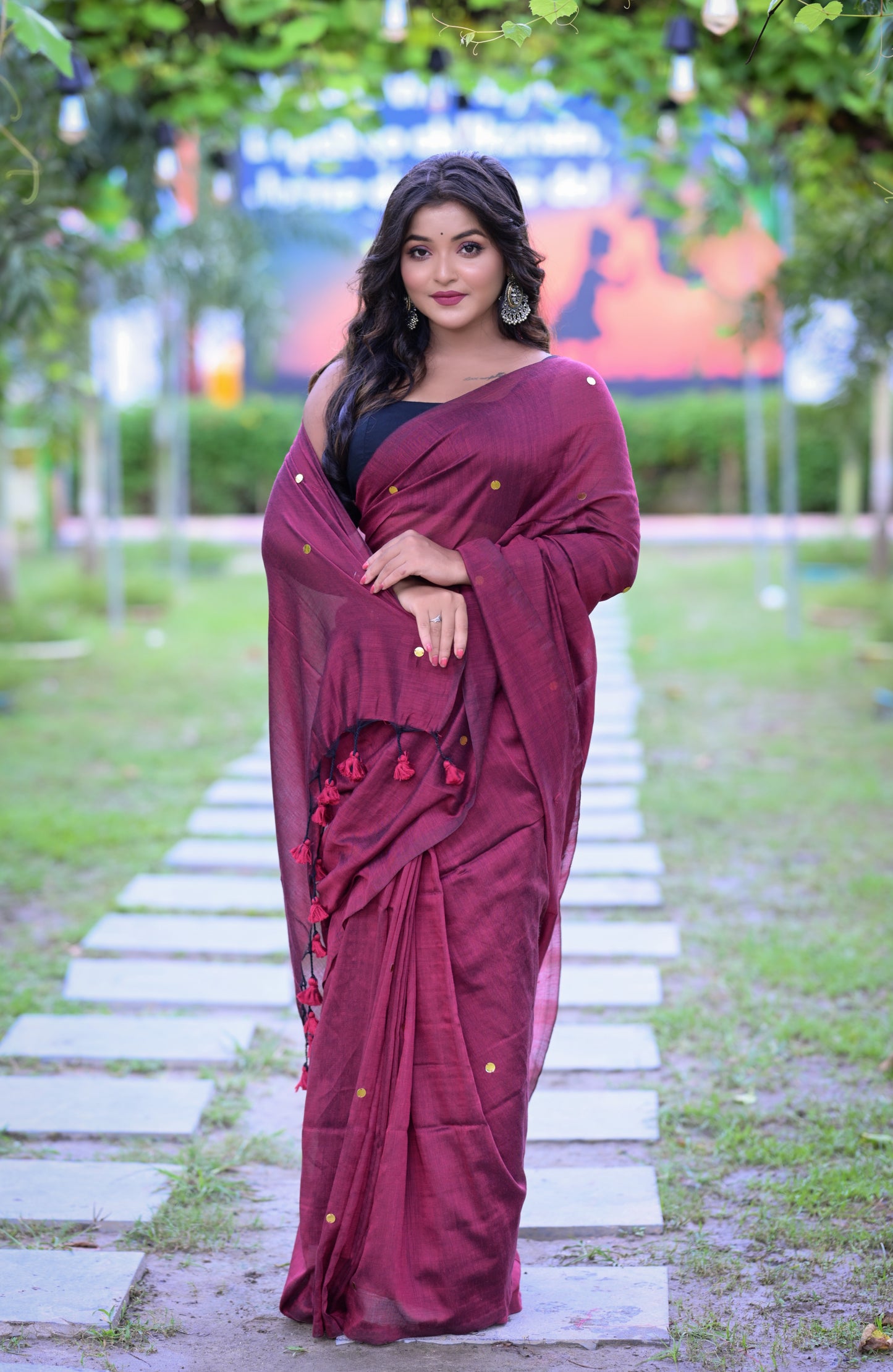 Handwoven Maroon Khadi Cotton Saree with Golden Dots & Blouse Piece
