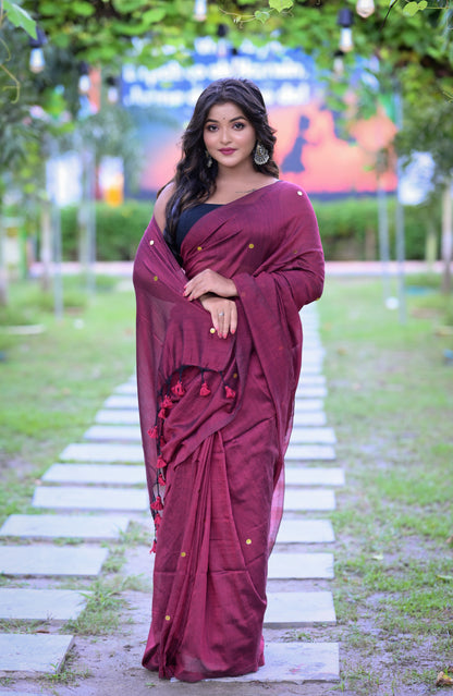 Handwoven Maroon Khadi Cotton Saree with Golden Dots & Blouse Piece