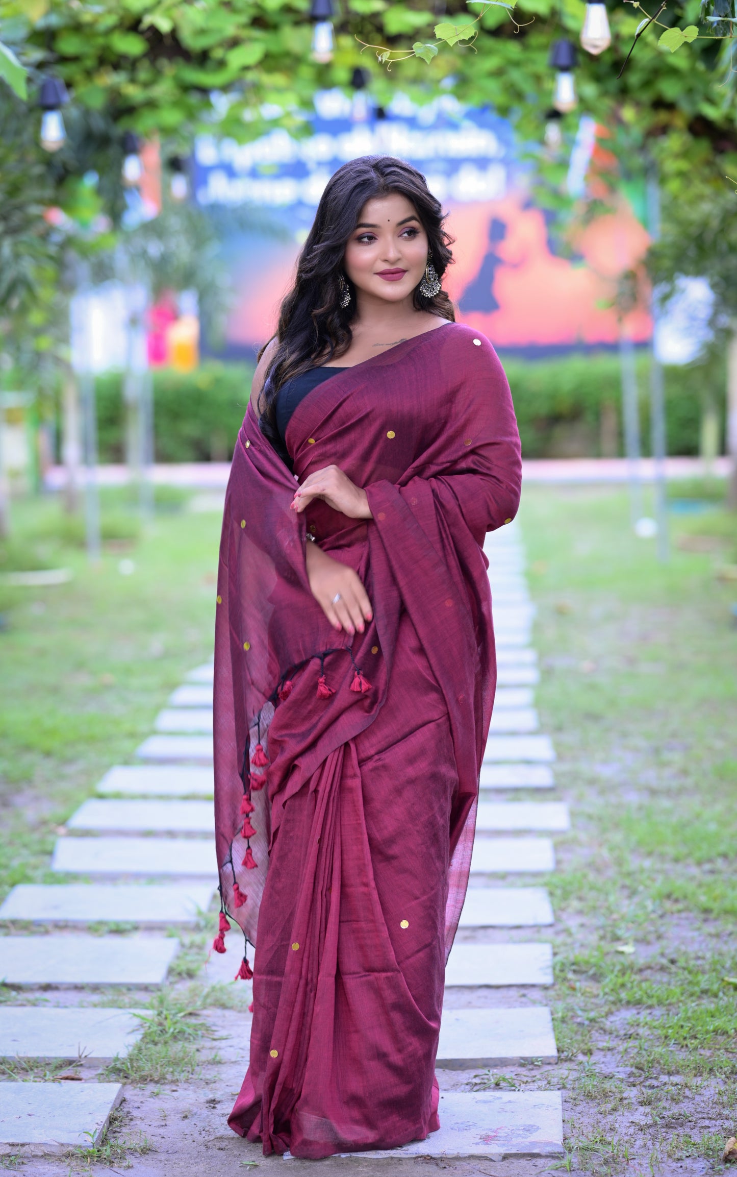 Handwoven Maroon Khadi Cotton Saree with Golden Dots & Blouse Piece