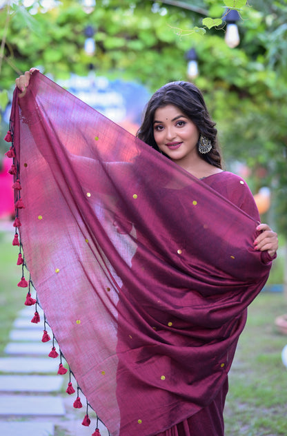 Handwoven Maroon Khadi Cotton Saree with Golden Dots & Blouse Piece