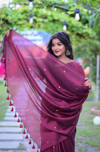 Handwoven Maroon Khadi Cotton Saree with Golden Dots & Blouse Piece