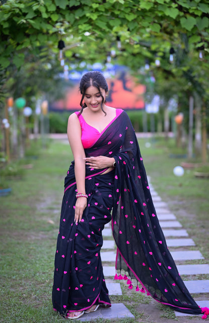 Black Mull Cotton Saree with Pink Heart Motifs (No Blouse Piece)