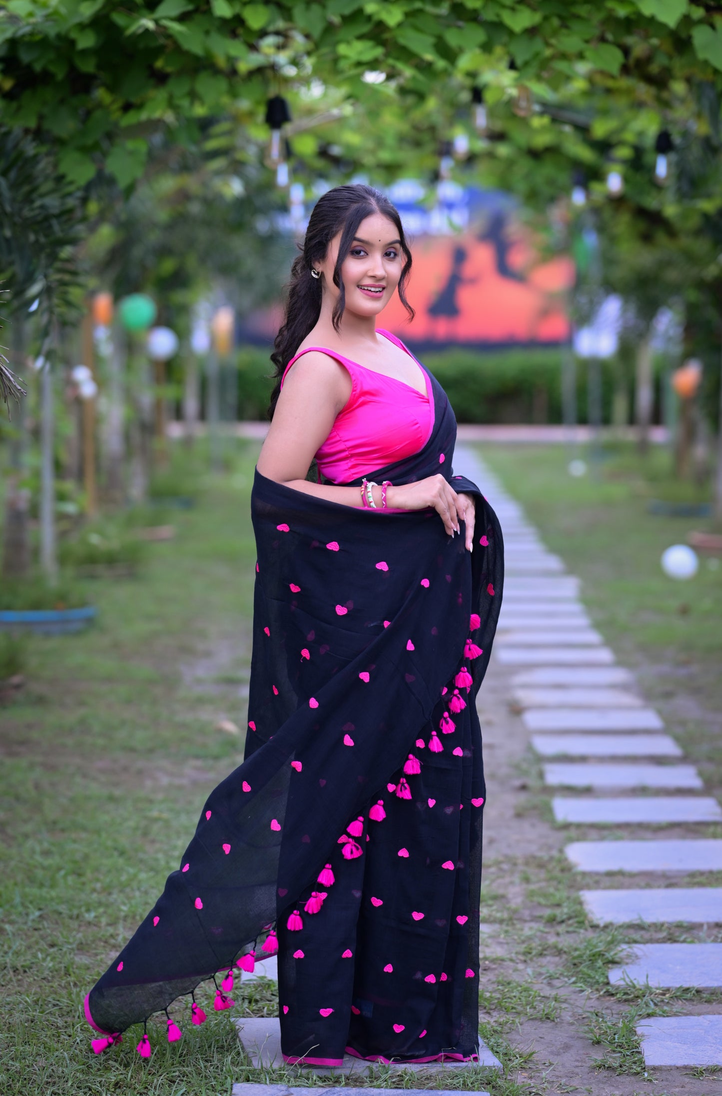 Black Mull Cotton Saree with Pink Heart Motifs (No Blouse Piece)