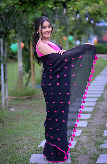 Black Mull Cotton Saree with Pink Heart Motifs (No Blouse Piece)
