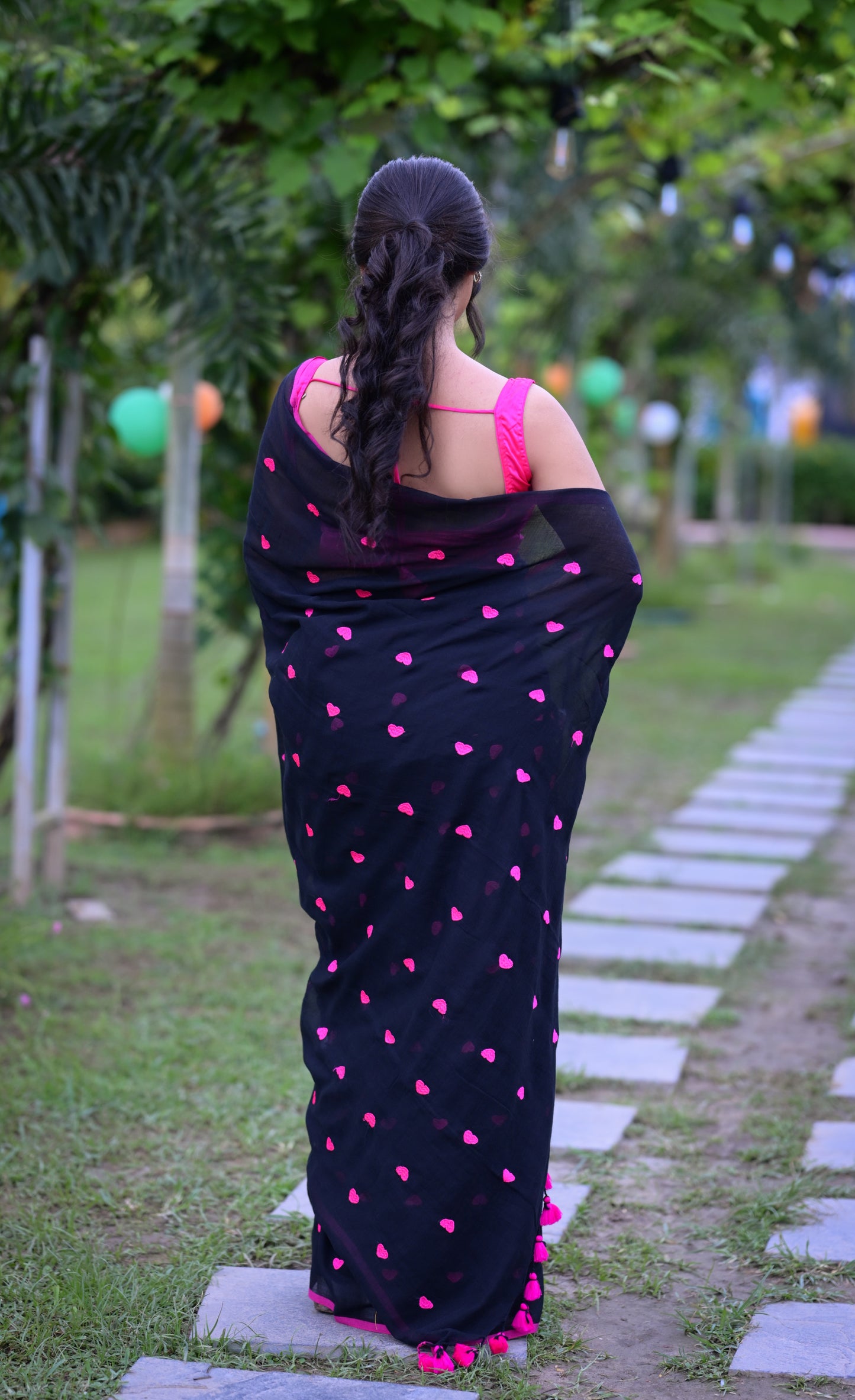 Black Mull Cotton Saree with Pink Heart Motifs (No Blouse Piece)