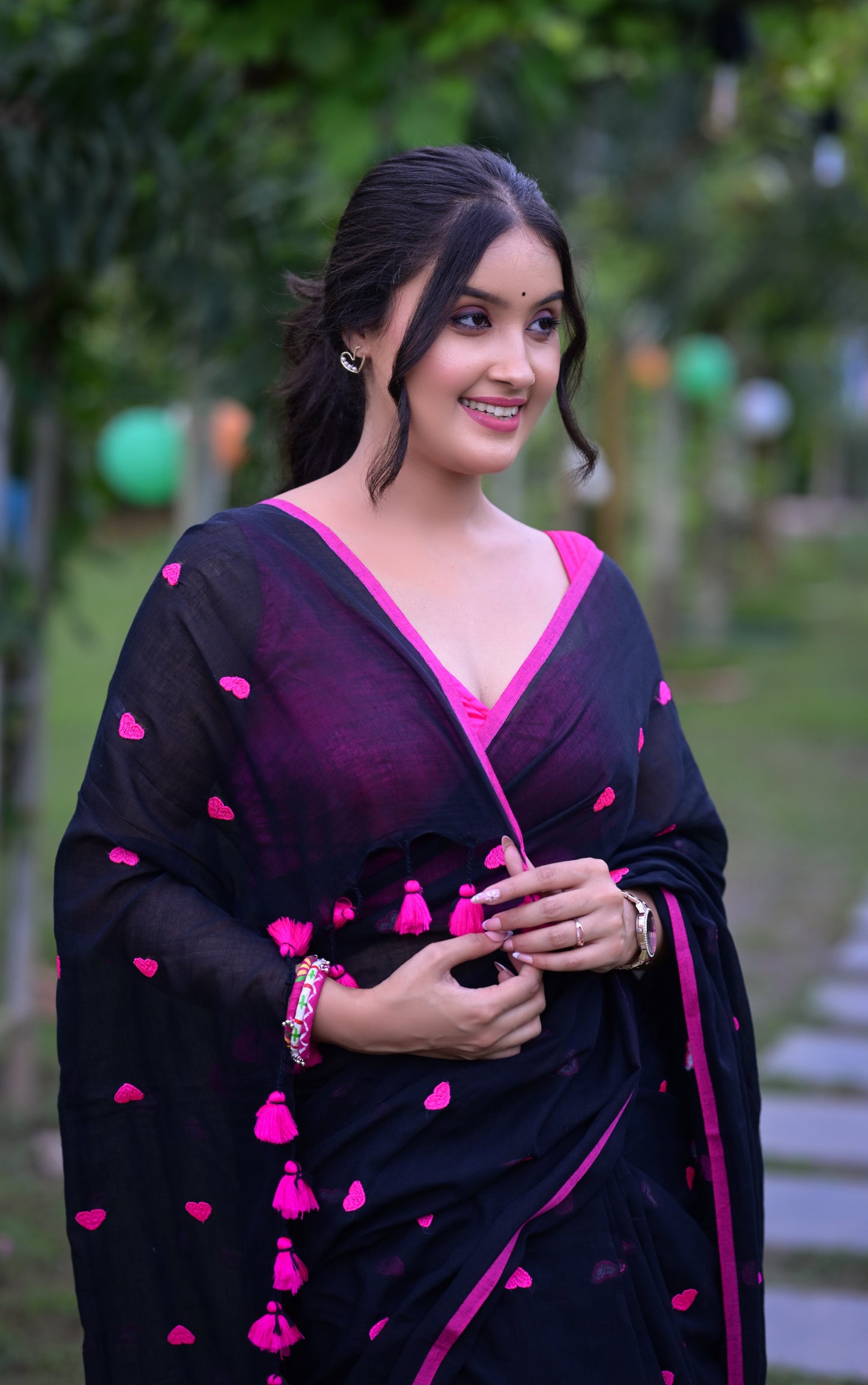 Black Mull Cotton Saree with Pink Heart Motifs (No Blouse Piece)