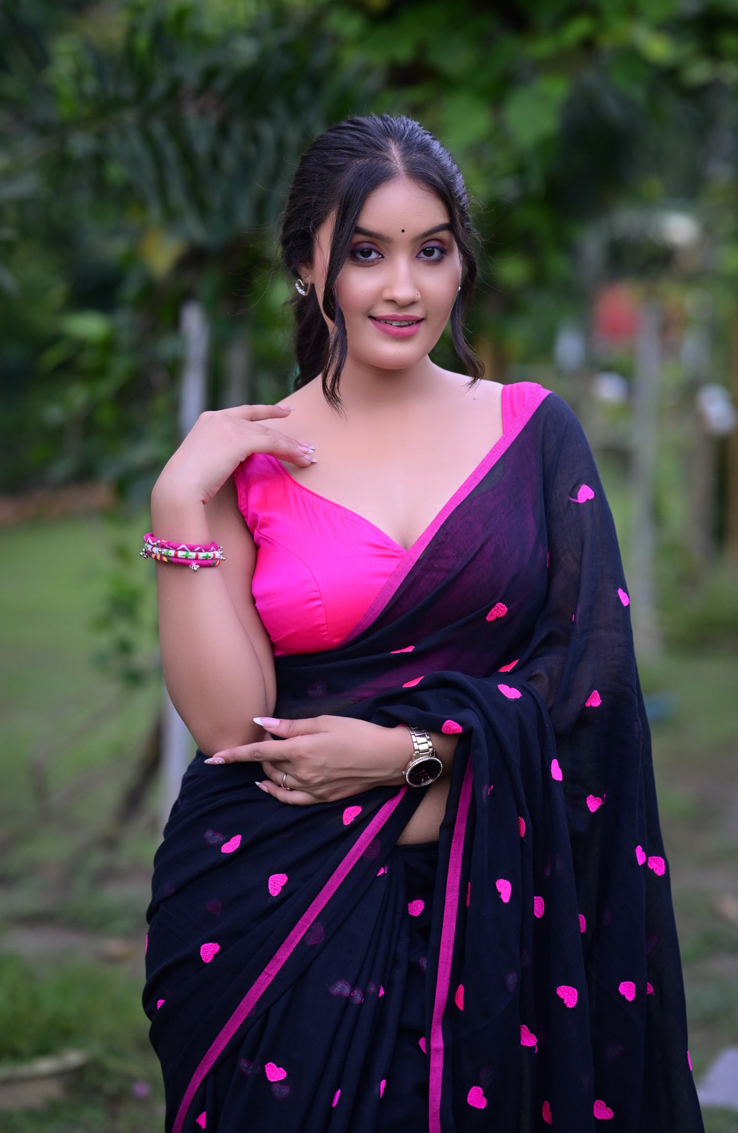 Black Mull Cotton Saree with Pink Heart Motifs (No Blouse Piece)