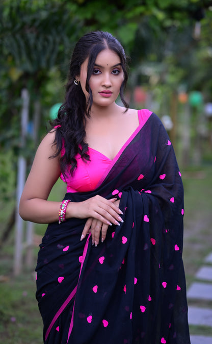 Black Mull Cotton Saree with Pink Heart Motifs (No Blouse Piece)