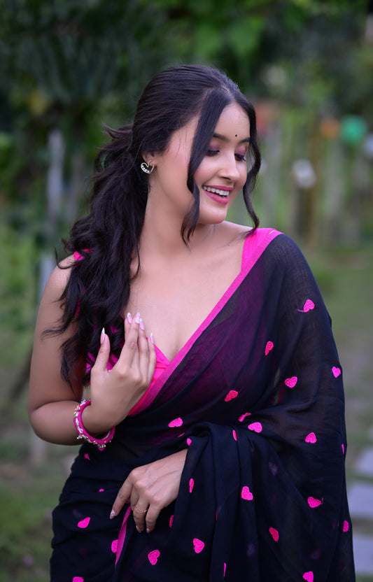 Black Mull Cotton Saree with Pink Heart Motifs (No Blouse Piece)