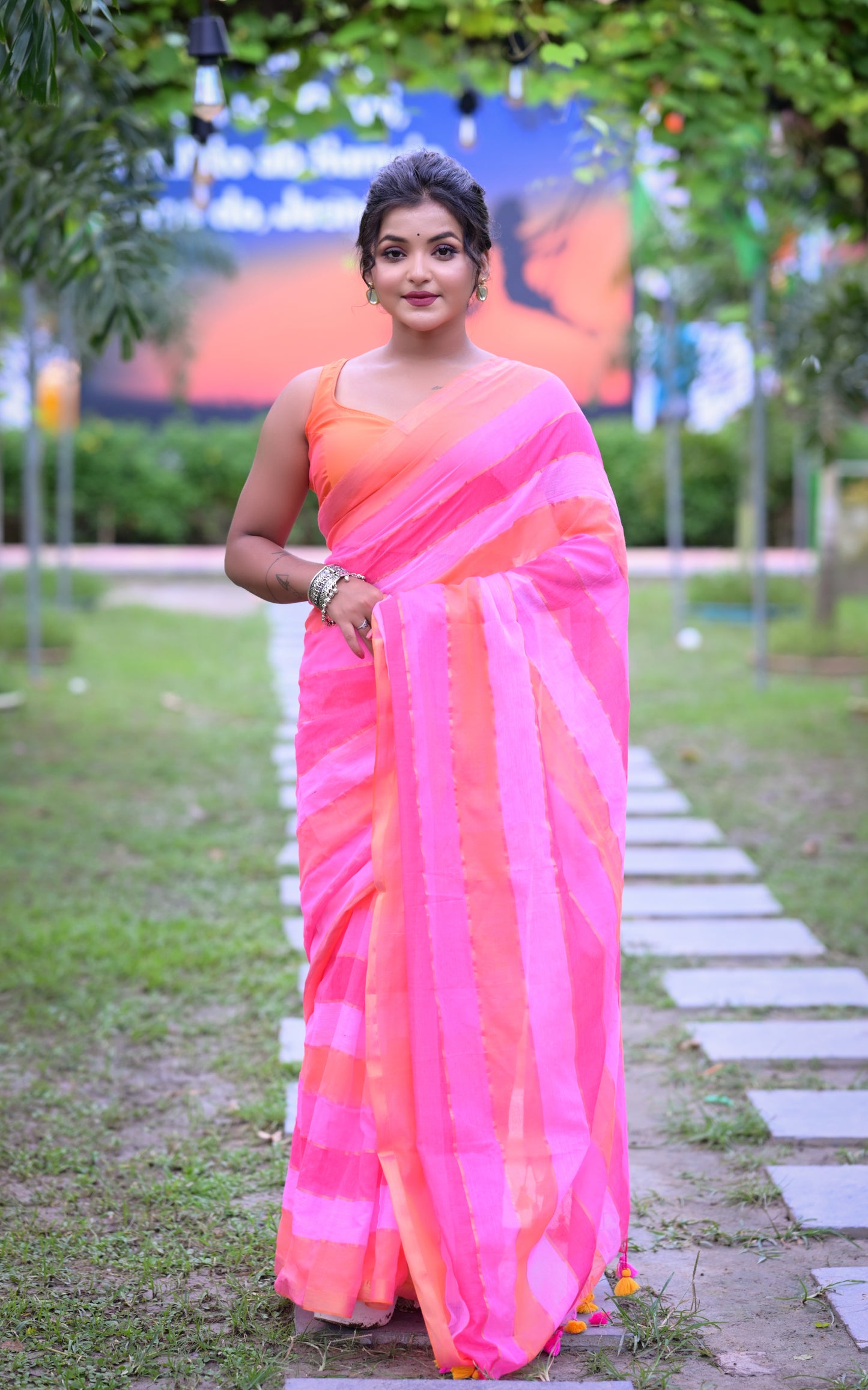 Handwoven Pink & Orange Mull Cotton Saree with Stripes – Lightweight Festive Wear