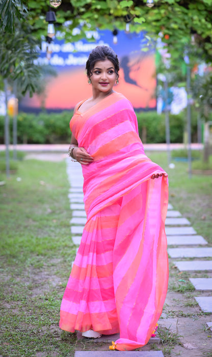 Handwoven Pink & Orange Mull Cotton Saree with Stripes – Lightweight Festive Wear