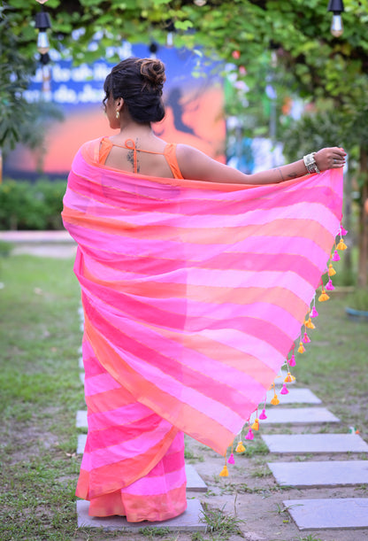 Handwoven Pink & Orange Mull Cotton Saree with Stripes – Lightweight Festive Wear
