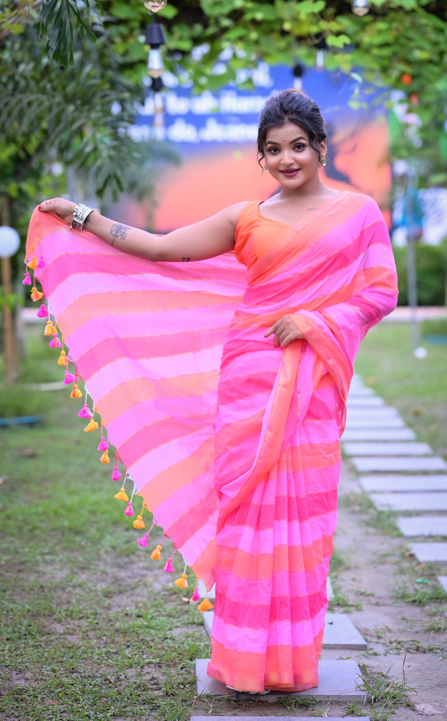 Handwoven Pink & Orange Mull Cotton Saree with Stripes – Lightweight Festive Wear