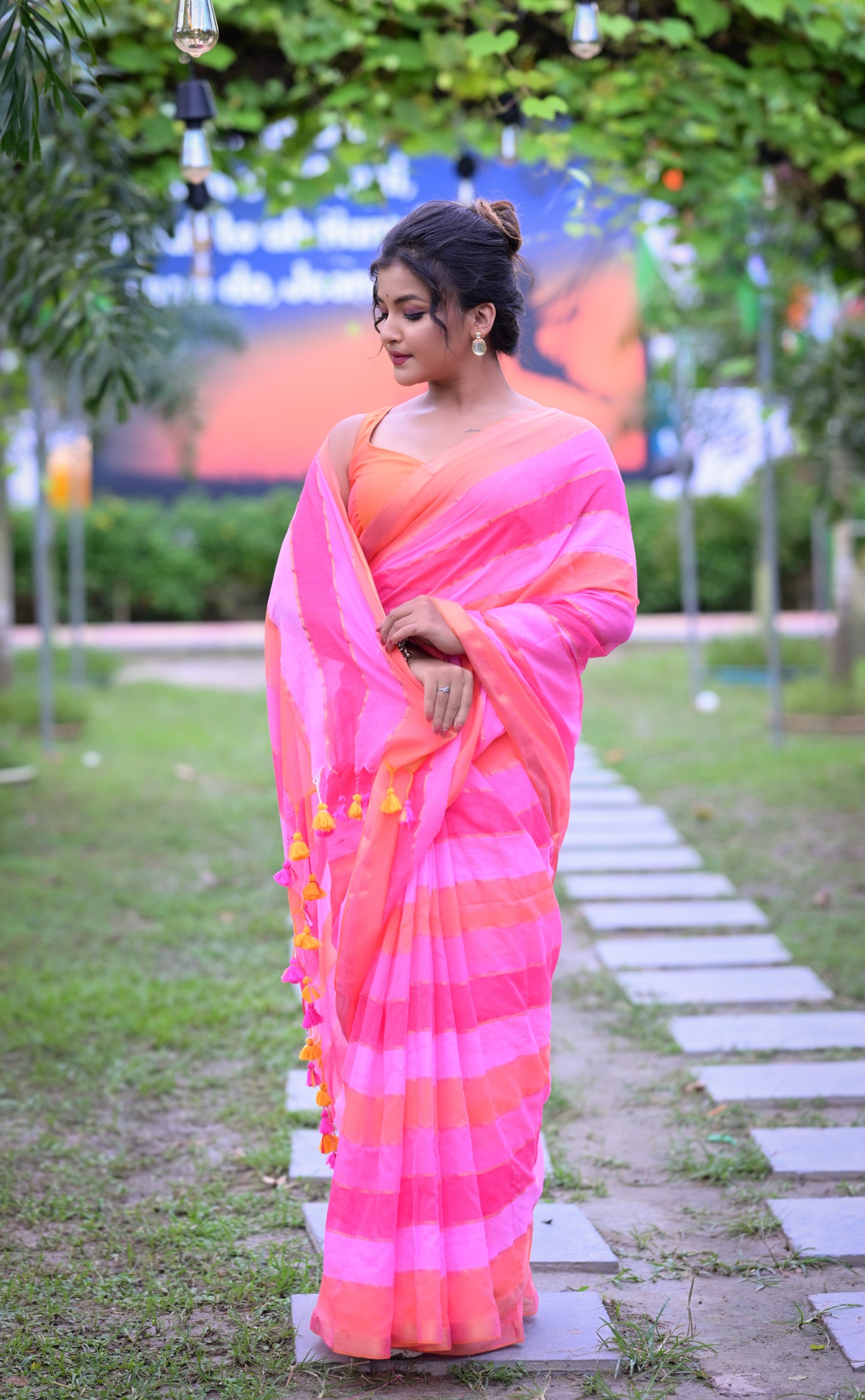 Handwoven Pink & Orange Mull Cotton Saree with Stripes – Lightweight Festive Wear