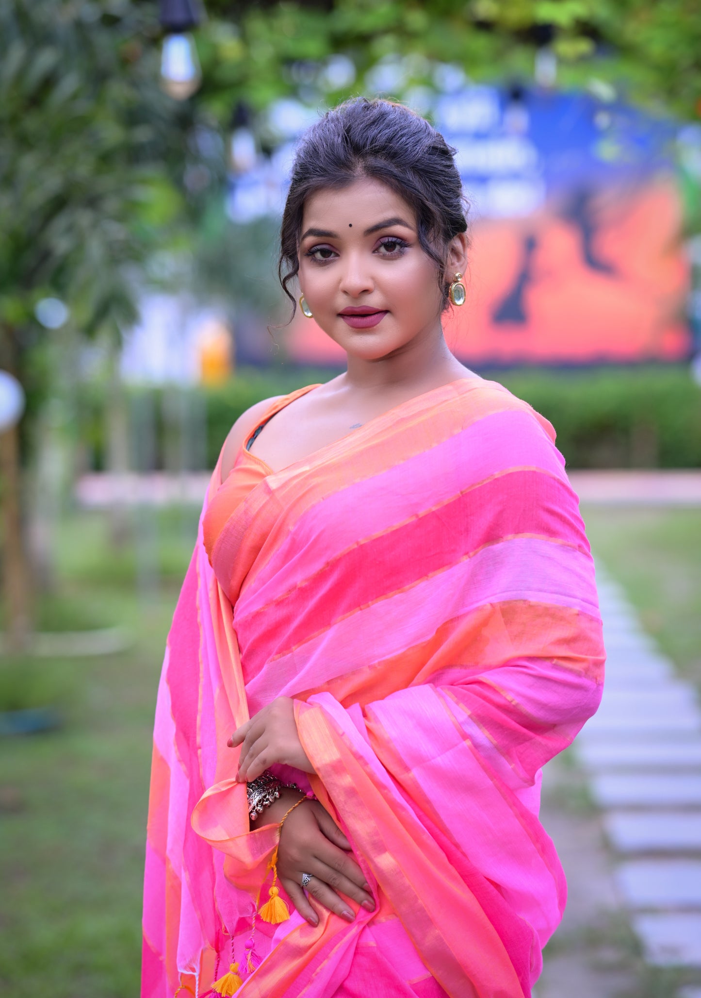 Handwoven Pink & Orange Mull Cotton Saree with Stripes – Lightweight Festive Wear