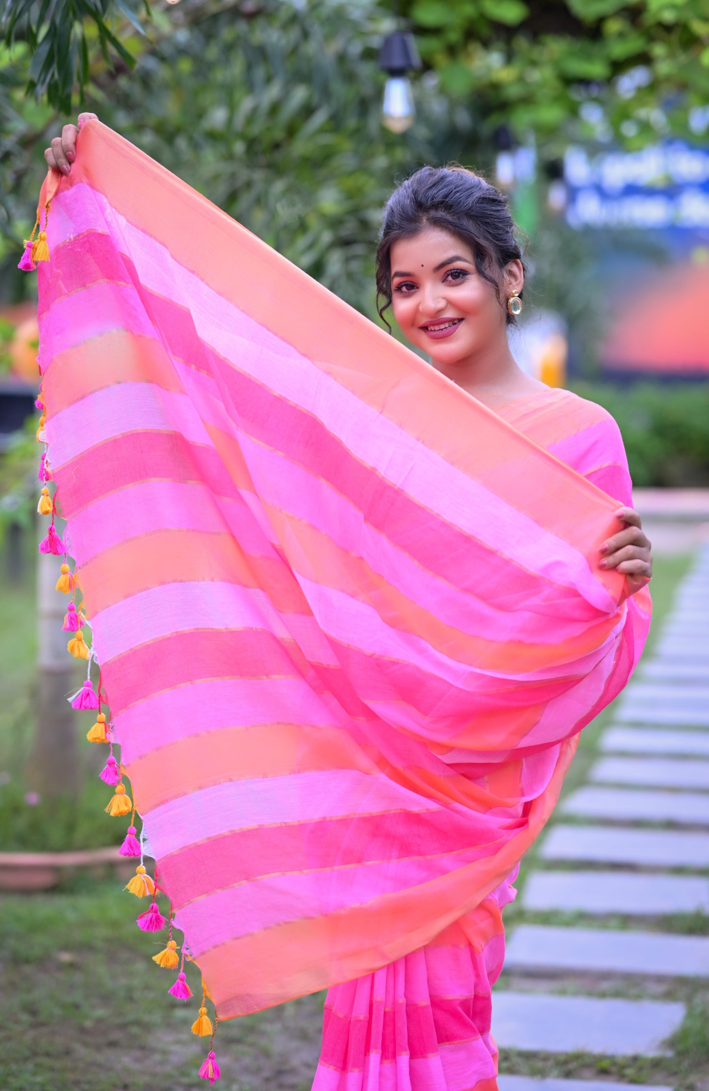 Handwoven Pink & Orange Mull Cotton Saree with Stripes – Lightweight Festive Wear