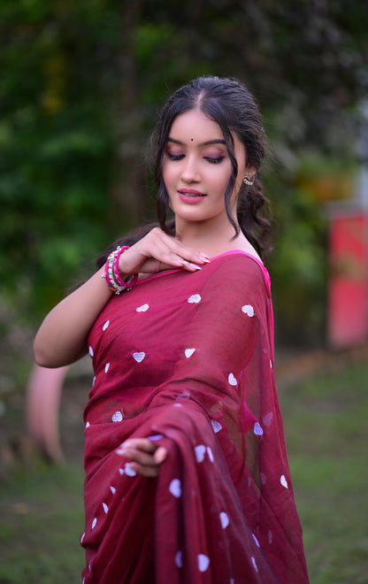 Maroon Mull Cotton Saree with White Heart Motifs & Tassels – Lightweight & Elegant (Blouse Not Included)