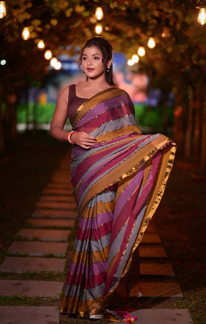 Handwoven Multicolor Striped Mull Cotton Saree with Golden Border – Lightweight Ethnic Wear