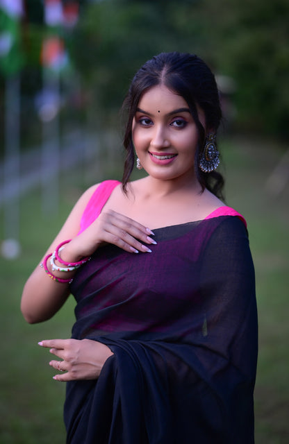 Classic Black Mull Cotton Saree – Soft, Lightweight & Elegant (Blouse Not Included)