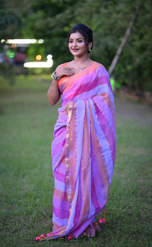 Handwoven Pink & Lavender Striped Mull Cotton Saree with Golden Touch – Lightweight Ethnic Wear