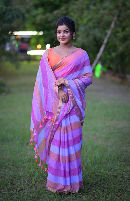 Handwoven Pink & Lavender Striped Mull Cotton Saree with Golden Touch – Lightweight Ethnic Wear
