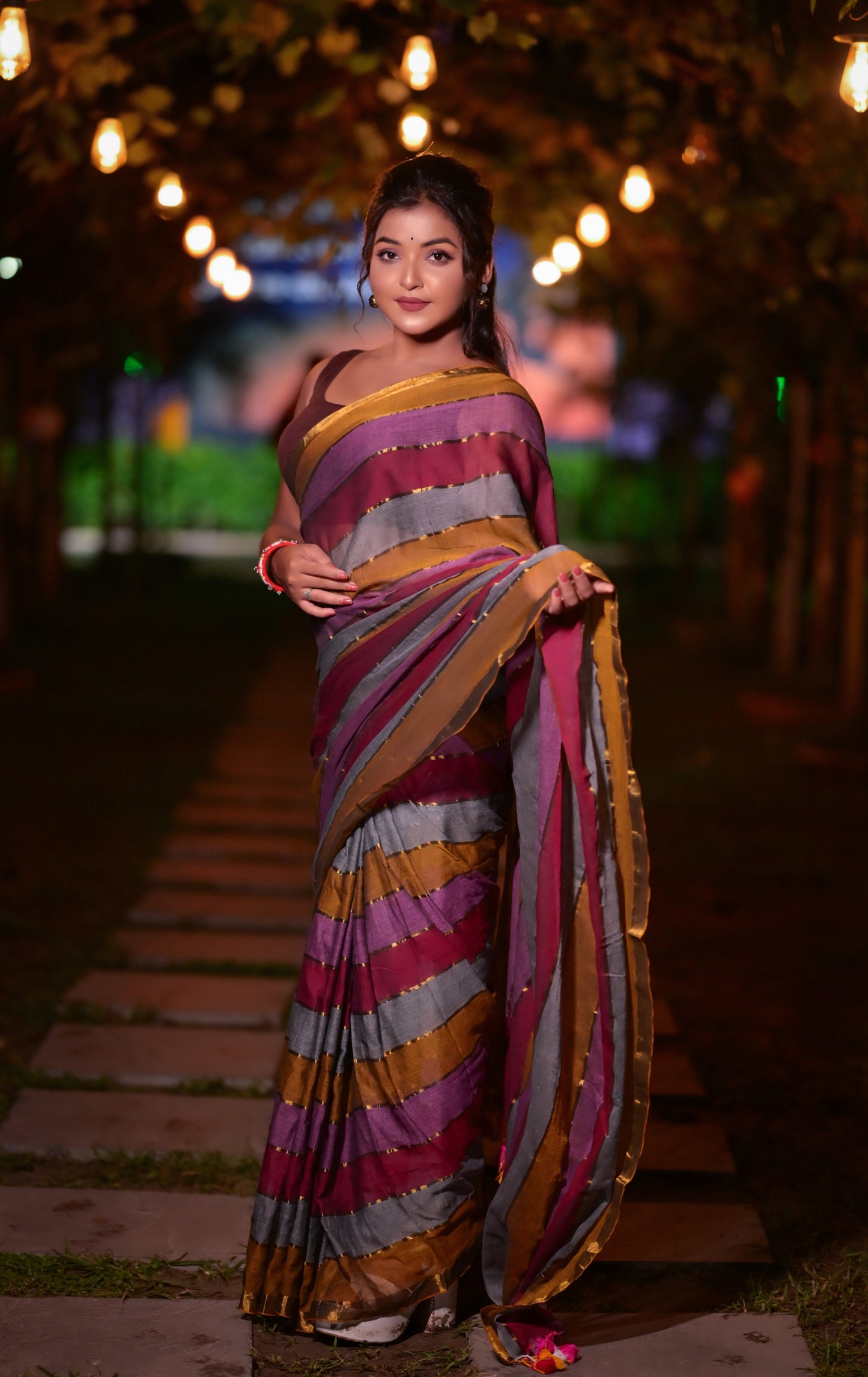 Handwoven Multicolor Striped Mull Cotton Saree with Golden Border – Lightweight Ethnic Wear