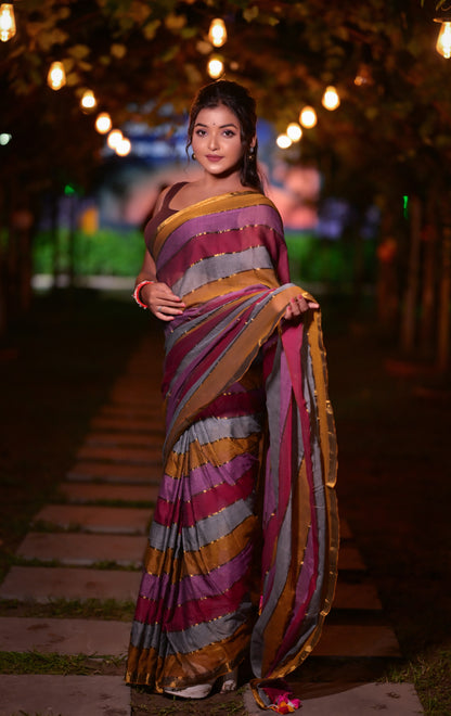 Handwoven Multicolor Striped Mull Cotton Saree with Golden Border – Lightweight Ethnic Wear
