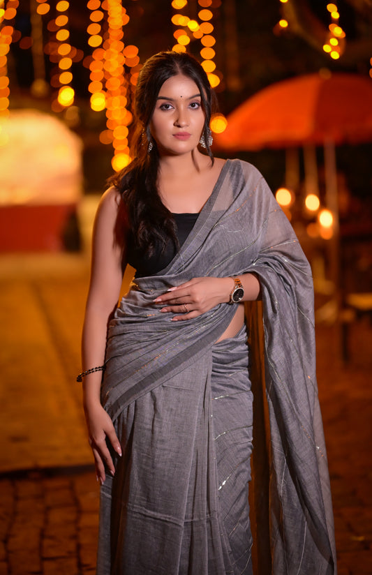 Classic Grey Mull Cotton Saree with Subtle Silver Stripes – Blouse Not Included