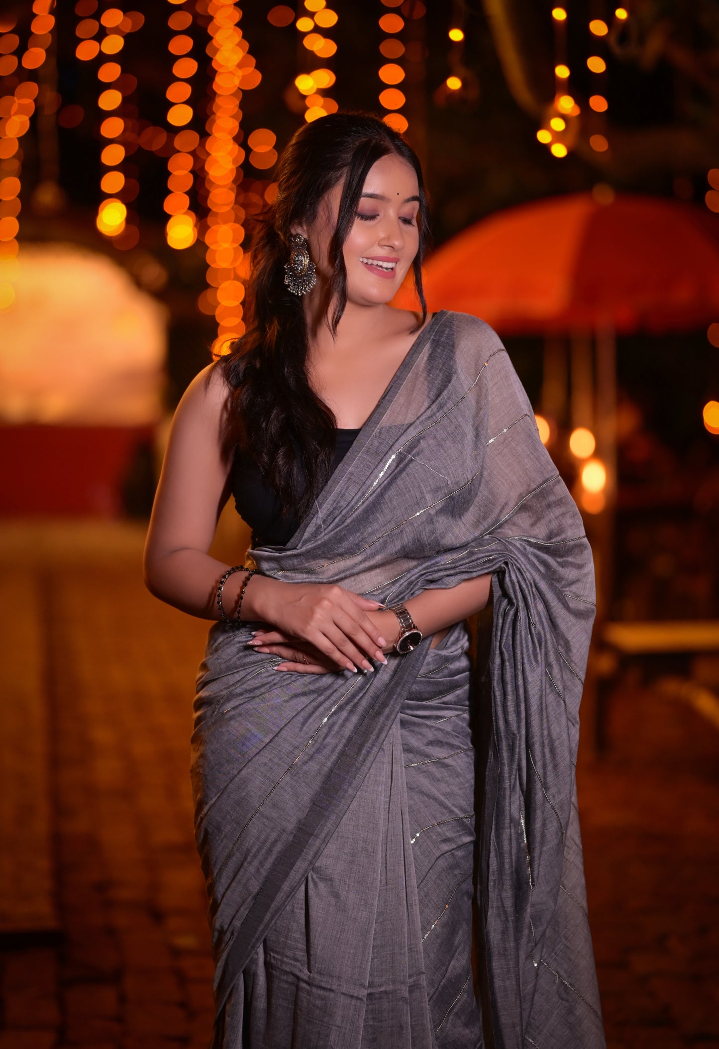 Classic Grey Mull Cotton Saree with Subtle Silver Stripes – Blouse Not Included