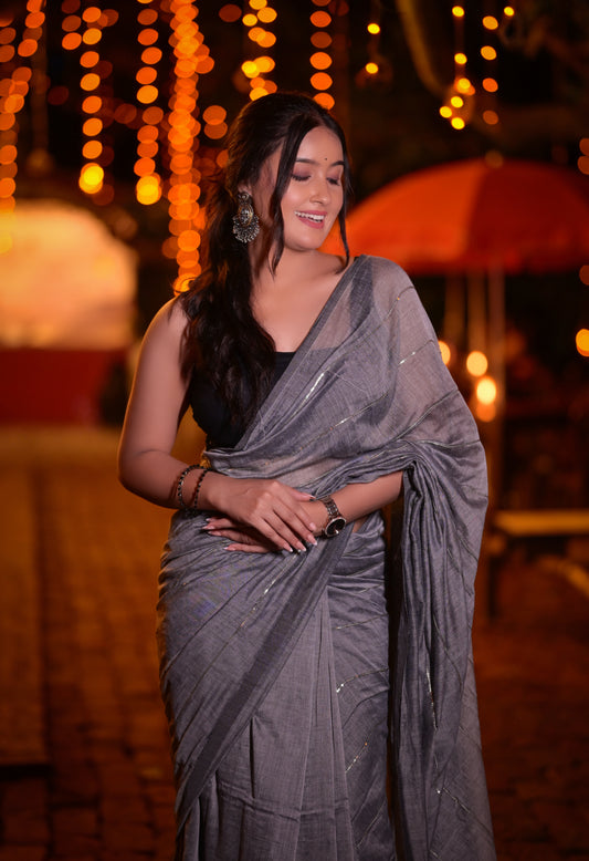 Classic Grey Mull Cotton Saree with Subtle Silver Stripes – Blouse Not Included