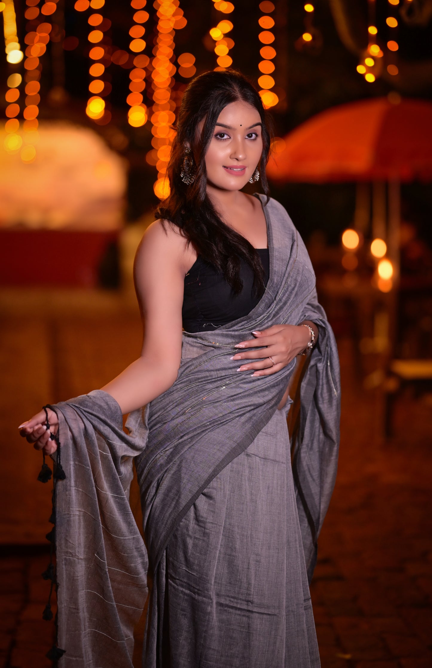 Classic Grey Mull Cotton Saree with Subtle Silver Stripes – Blouse Not Included