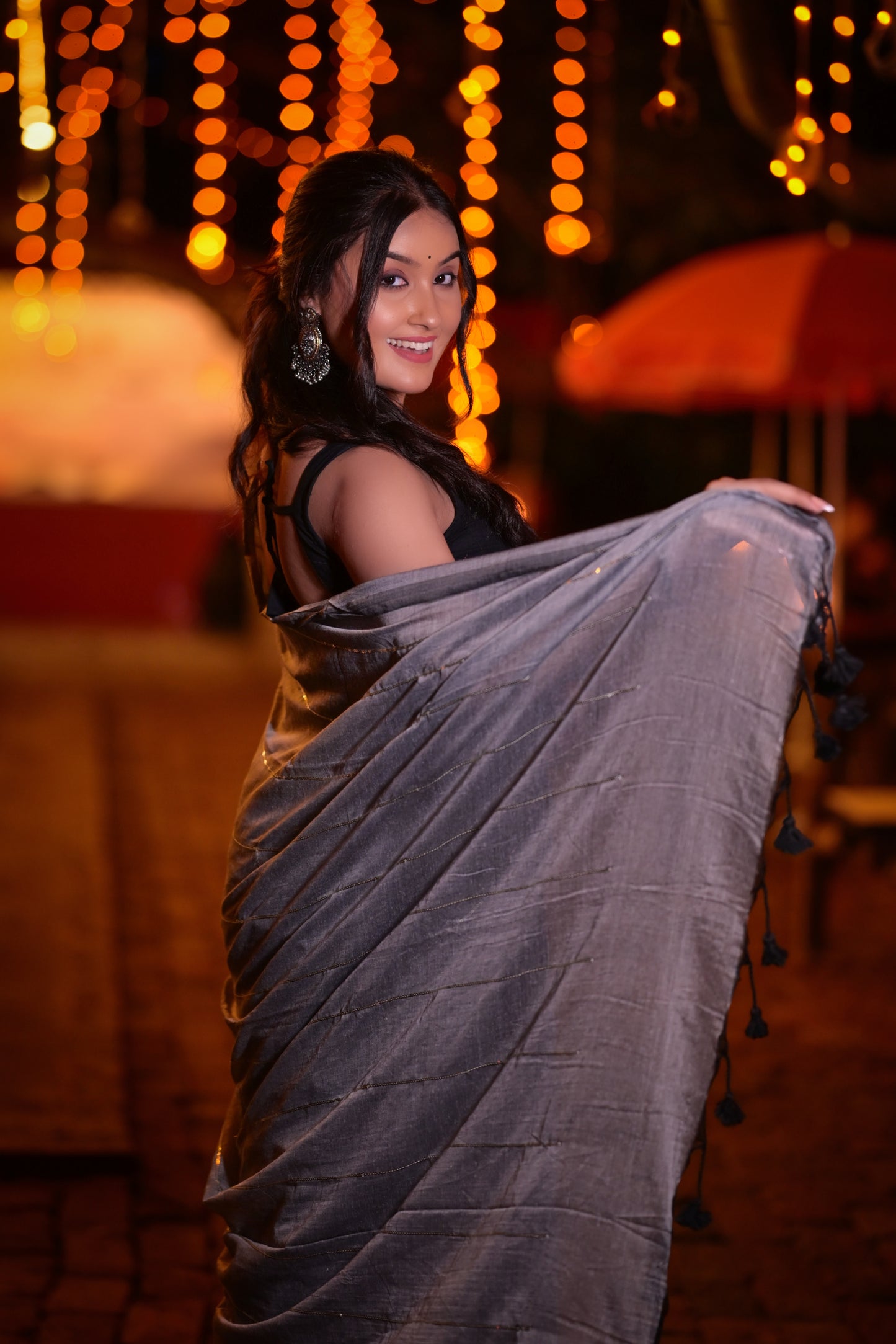 Classic Grey Mull Cotton Saree with Subtle Silver Stripes – Blouse Not Included