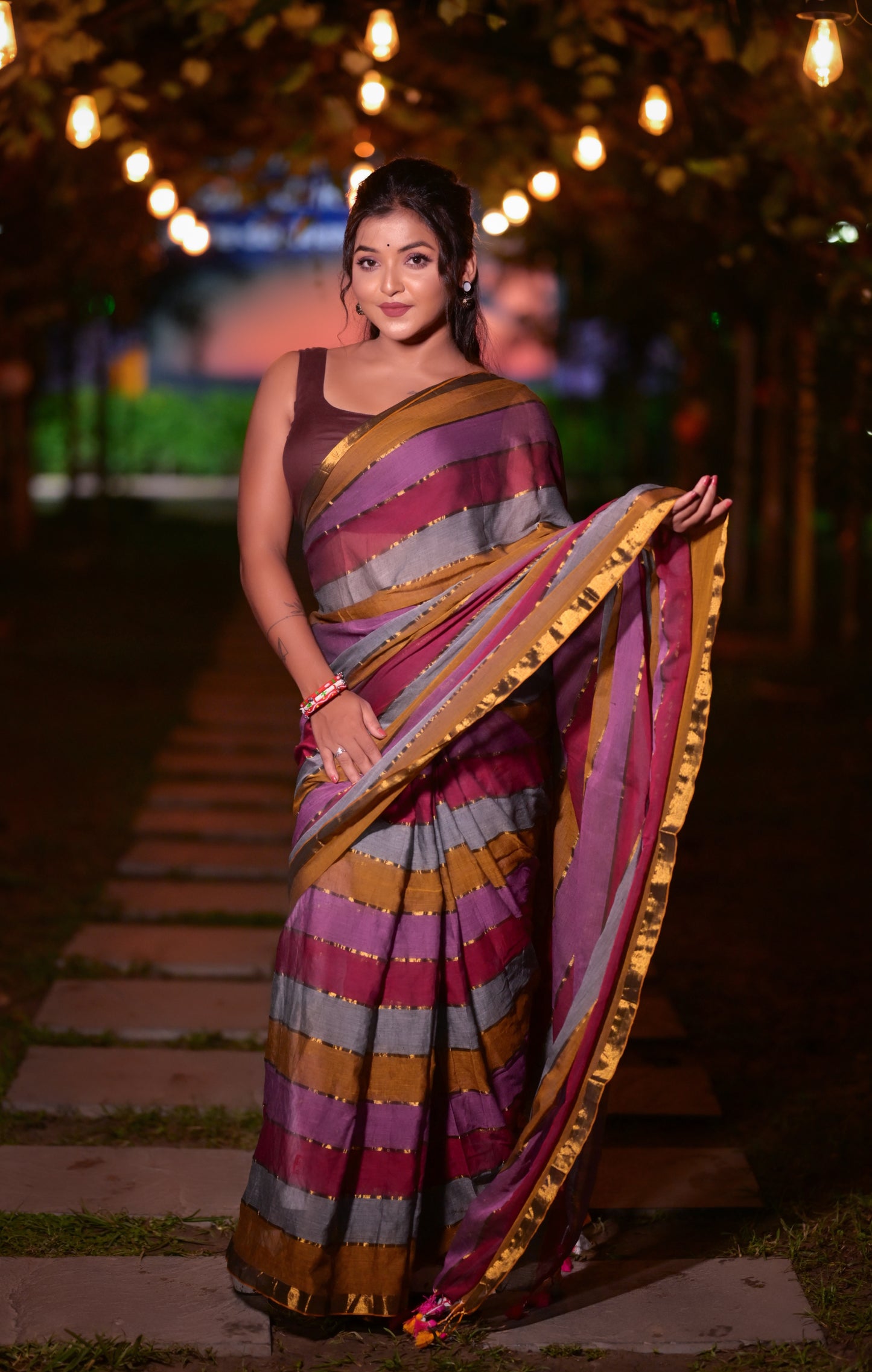 Handwoven Multicolor Striped Mull Cotton Saree with Golden Border – Lightweight Ethnic Wear