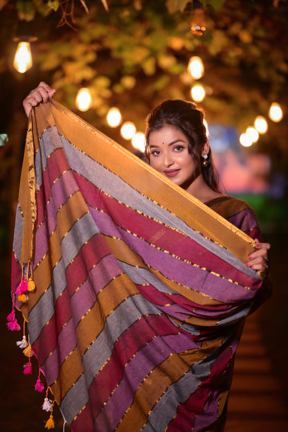 Handwoven Multicolor Striped Mull Cotton Saree with Golden Border – Lightweight Ethnic Wear