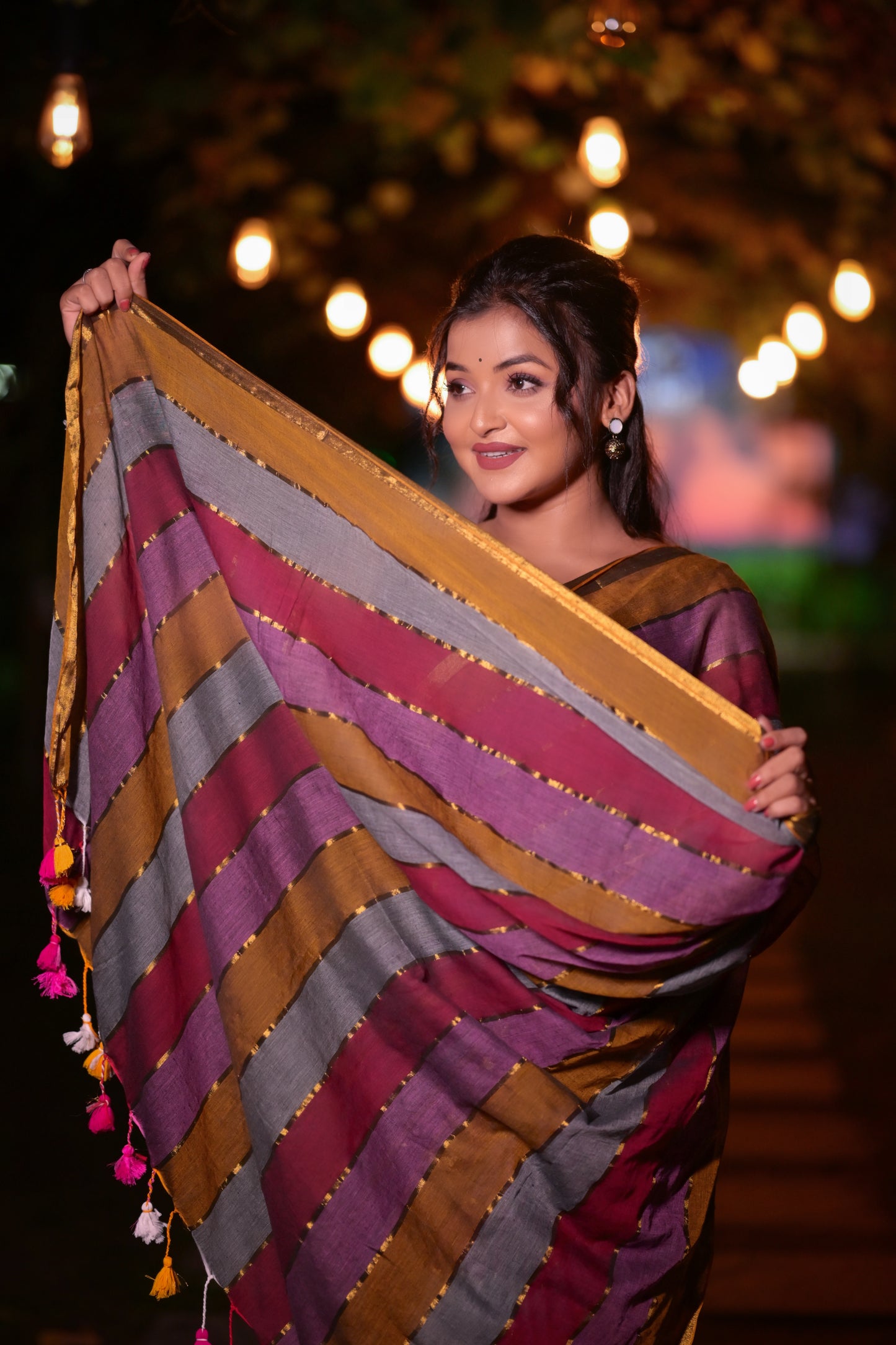 Handwoven Multicolor Striped Mull Cotton Saree with Golden Border – Lightweight Ethnic Wear